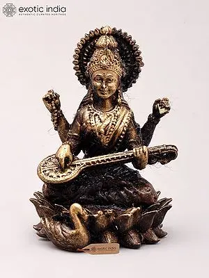 Small Copper Statue of Goddess Saraswati on Lotus