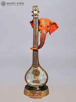 Modern Brass Statue: 28'' Ganesha Head Playing the Veena