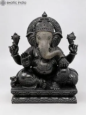32" Large Blessing Lord Ganesha in Black Marble | Hand-Carved Spiritual Sculpture