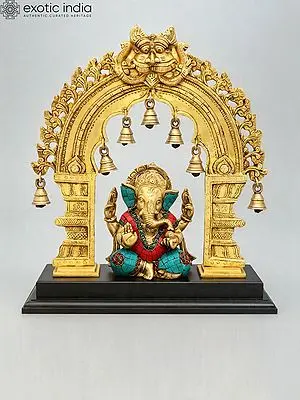 Brass Ganesha Statue with Kirtimukha Arch and Bells | 16'' Height