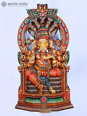 96'' Huge Eight Armed Lord Ganesha Seated on Five Hooded Serpent | Hand-Painted Wood Carved Statue
