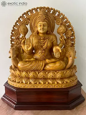 30" Wooden Statue Of Goddess Lakshmi For Spiritual Blessings With Base