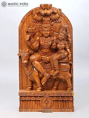44'' Pradosha Moorthy (Shiva Parvati Seated on Nandi) Wood Carved Statue