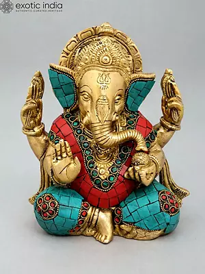 Brass Statue of Lord Ganesha with Turquoise & Red Inlay Work