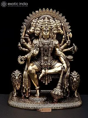 8'' Panchamukhi Hanuman Seated on Throne Brass Idol | Ten Armed Deity