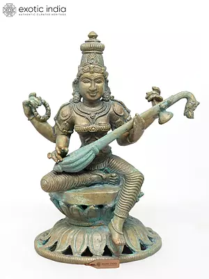 Divine Saraswati Bronze Sculpture, Seated on Lotus