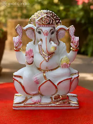 White Marble Ganesha Sculpture on Lotus Pedestal, 9 Inches