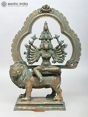 Divine Sapta Matrika Goddess Varahi Bronze Statue: 33" Large with Eight Heads and Sixteen Arms on Lion