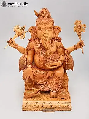 18" Four Armed Lord Ganesha Seated on Throne | Wood Carved Statue