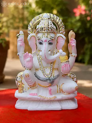 9" White Marble Ganesh Idol for Prosperity and Peace