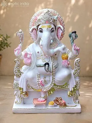 15" Four-Armed Lord Ganesha Marble Statue Seated on Throne