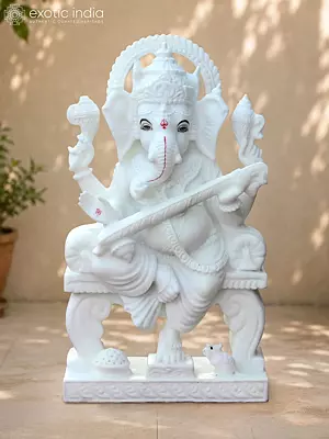 Handcrafted Marble Statue: Lord Ganesha Seated on Throne