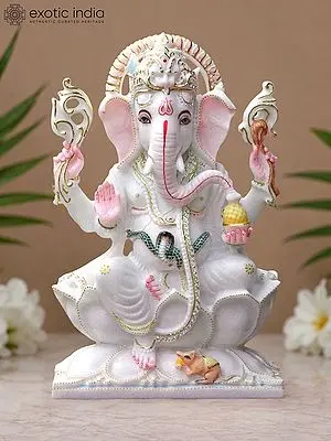 Seated Lord Ganesha Marble Sculpture - 18 Inch Four Armed Deity