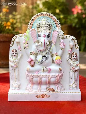 White Marble Ganesha Statue with Riddhi and Siddhi