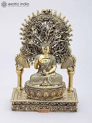 5" Brass Buddha Statue Seated Under Bodhi Tree Arch (Abhaya Mudra)