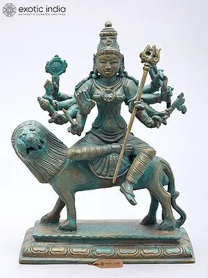 The Lion Goddess Bronze Sculpture: 8'' Durga (Sherawali Maa) Statue