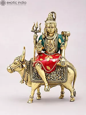 6'' Superfine Blessing Lord Shiva Seated on Nandi Brass Statue with Inlay Work