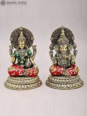 Brass Idols of Lakshmi and Ganesha - 8'' Superfine with Inlay