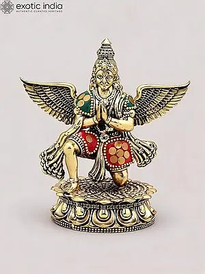 5'' Brass Garuda Idol with Inlay Work - Vahana of Lord Vishnu