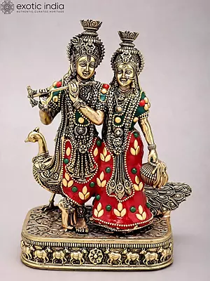 8" Standing Radha Krishna with Peacock Brass Statue with Inlay Work