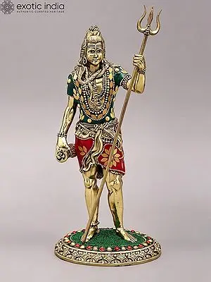 Lord Shiva Brass Statue, 11" Tall with Trident and Inlay Work