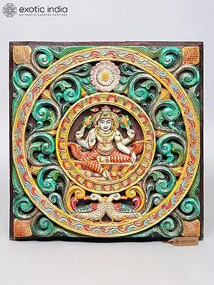 Blessing Lord Vishnu Wood Panel Carving | 24" Wall Hanging