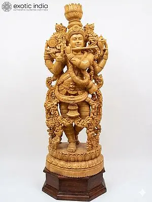 Large Wooden Krishna Sculpture with Flute - 75 Inch Religious Art