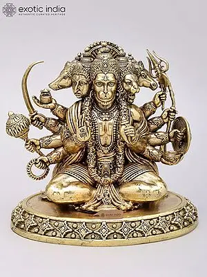 Superfine Ten Armed Sitting Panchamukhi Hanuman Brass Sculpture