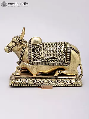 Divine Brass Bull Sculpture: 5'' Nandi, Lord Shiva's Sacred Vehicle