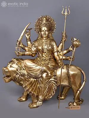 The Invincible Shakti: 67'' Large Brass Durga (Sherawali Maa) Statue