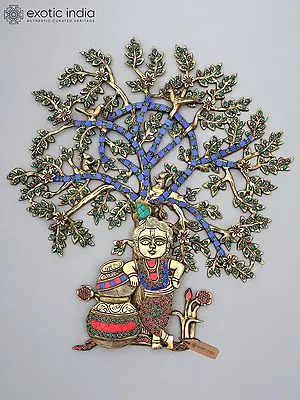 21" Krishna Standing Under The Tree | Brass Statue with Inlay Work | Wall Hanging