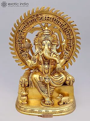 Brass Statue: 10'' Blessing Lord Ganesha on Throne with Gayatri Mantra