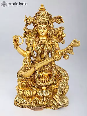 15'' Exquisite Goddess Saraswati Seated on Lotus | Brass Idol