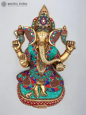 24" Four Armed Blessing Lord Ganesha Brass Wall Hanging with Inlay Work