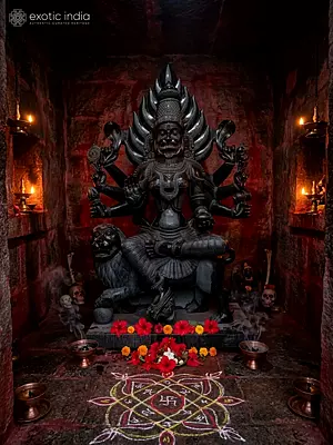Rare Maha Pratyangira Bhagavati Granite Statue in Regal Splendor