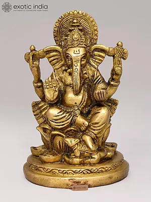 Small Brass Statue: Four-Armed Blessing Lord Ganesha on Lotus