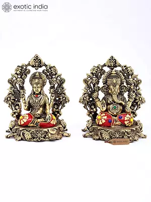 Superfine Brass Lakshmi Ganesha Statue Pair, 5 Inches, With Inlay