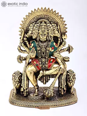 8" Superfine Blessing Panchamukhi Hanuman Seated on Throne | Brass Statue with Inlay Work