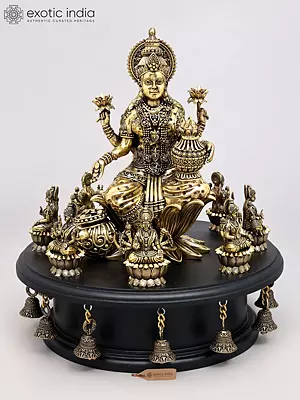 Brass Statue: 14'' Goddess Lakshmi with Ashtalakshmi on Wood Base