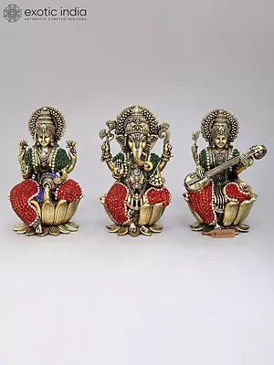 Brass Lakshmi Ganesha Saraswati Statues with Gemstone Inlay - Set of 3