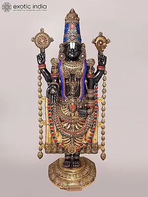 Black and Gold Brass Statue of Tirupati Balaji (Venkateshvara) with Inlay Work - 67 Inches