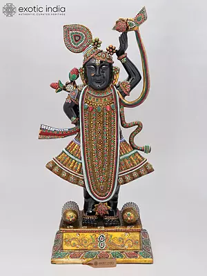 32" Large Shrinath Ji Brass Statue with Inlay Work
