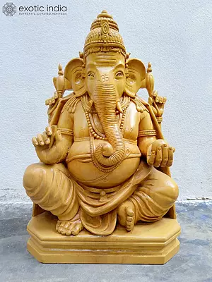 Lord Ganesha Wood Sculpture: 23" Seated Deity Holding Laddu