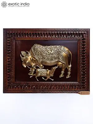 Kamadhenu Cow with Calf Brass Wall Panel in Carved Wooden Frame