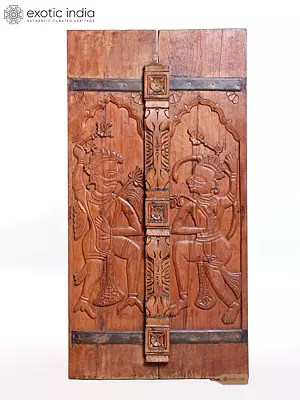 Large Wood Carved Dancing Lord Hanuman and Garuda Wall Hanging Panel (45")