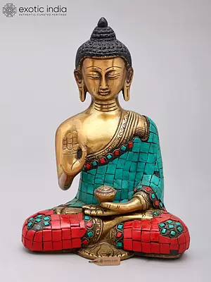 Seated Buddha Sculpture in Vitark Mudra | Brass with Gemstone Inlay