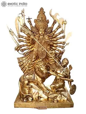 96" Large Maa Durga (Mahishasuramardini) Brass Statue | Handcrafted Hindu Goddess Idol | Shipped by Sea Overseas