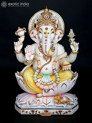 Large Marble Statue: Lord Ganesha Blessing on Lotus