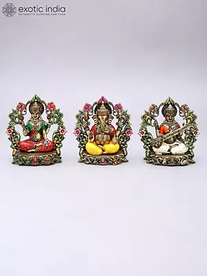 4" Superfine Lakshmi Ganesha Saraswati Brass Statue Set with Floral Prabhavali