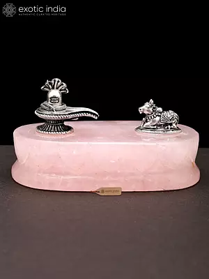 3-Inch Sterling Silver Nandi with Shivalinga on Gemstone Pedestal